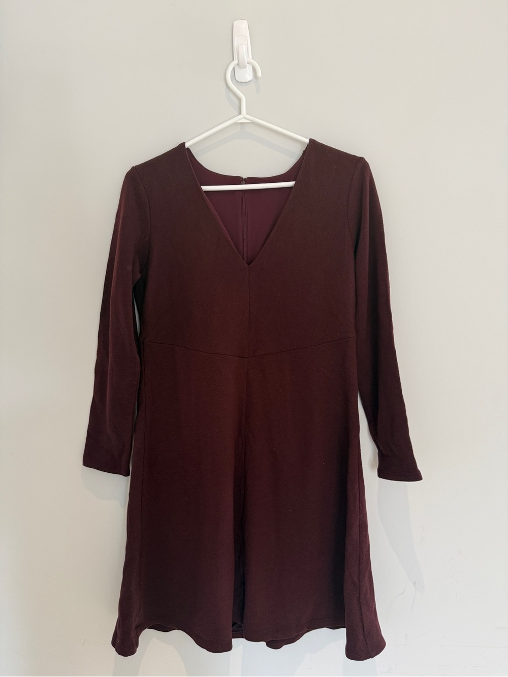 Wool Blend V-Neck Long Sleeve A-Line Mini Dress Burgundy Maroon (S)